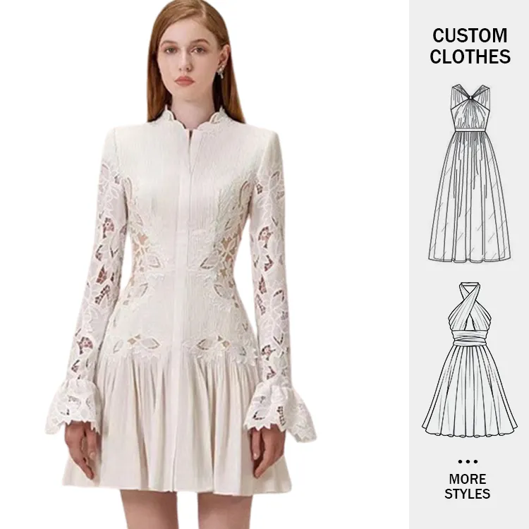 Mini robe en dentelle blanche à manches bouffantes pour femme, tenue décontractée de haute qualité à volants et rayures