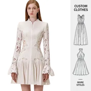 Woman Dresses High Quality Long Puff Sleeve White Lace Ruffles Fitted Striped Women Casual Mini Lace Dress