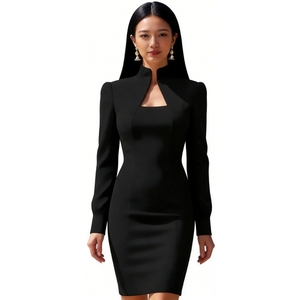 Robe moulante à col montant et découpes pour femme - Robe de soirée mini à manches longues tendance - Product Image 2