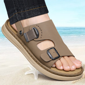 Sandales d'été pour hommes, chaussures de plage plates, antidérapantes, respirantes, en cuir, à enfiler, décontractées, kaki, noir - Product Image 1