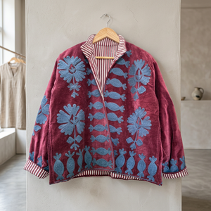 <b>Women's</b> <b>Velvet</b> Blouson <b>Jacket</b> Red With Blue Floral Embroidery Stand Collar Full Sleeve Autumn Outerwear Suzani <b>Jacket</b> <b>Woman</b> - Product Image 1