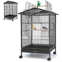 Cage à oiseaux robuste en fil métallique noir, design ouvert, roulettes lisses, perchoirs métalliques classiques modernes, mangeoires pour oiseaux de taille moyenne
