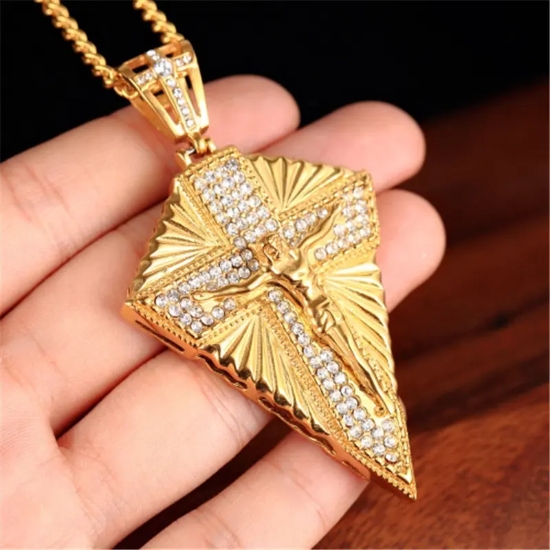 Jewelry Making Supplies Custom Gold Tone Jesus Crucifix Bling Crystal Paved Hiphop Jewelry Necklace Pendants