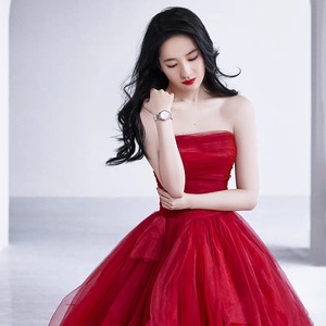 Red Strapless Tulle Ball <b>Gown</b> Wedding Dress Natural Waistline For <b>Brides</b> Evening Formal Wear - Product Image 2