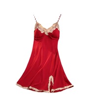 Gaun Tidur Wanita Seksi Bahan Sifon dengan Logo di Depan, Tali Spaghetti, Renda di Pinggir, Belahan Samping, Bra Terpadu, Pakaian Tidur Musim Panas