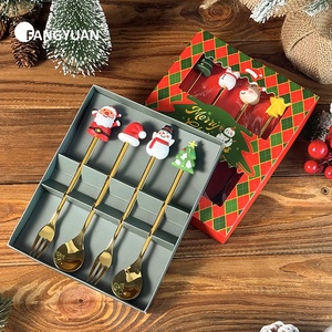 4/6pcs Fancy phim hoạt hình Bạc Bộ Quà Tặng thép không gỉ vàng giáng sinh trà muỗng cà phê và nĩa thiết lập dao kéo với Hộp quà tặng - Product Image 1