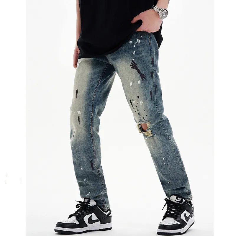 Yongrow Black Jeans Casual Woven Softener Straight 100% Cotton Plain Dyed Designer Luxury Jeans for Men Light Wash Foil Print