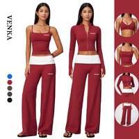 Nouvel ensemble de fitness : Soutien-gorge à bretelles, débardeur moulant, veste courte très extensible, pantalon large à taille contrastante – Ensemble de yoga
