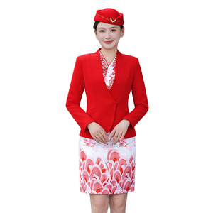 Red Long Sleeve <b>Blazer</b> With Embroidery Pattern Skirt <b>Set</b> For Flight Attendant Uniform Women Slim Fit Polyester No-Wrinkle - Product Image 5