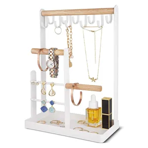 Jewelry Organizer Stand 4-Tier Jewelry Tower Rack with Earring Tray and Holes 10 Hooks Necklaces Hanging Storage jewelry Display