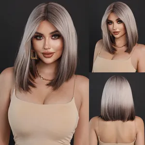 Ombre Brown Lace Wig For Women Straight Shoulder Length Bob Lace Front Wigs Girl's Synthetic Short Brown Gray Daily Wigs 14"