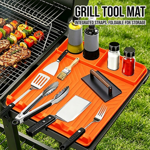 <b>Silicone</b> BBQ Tool Grill Mat for Blackstone Griddle Accessories Non-stick BBQ Tool Holder Mat with Spatula Slots and Drip <b>Tray</b> - Product Image 1