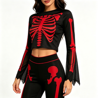 Halloween Skelett-Kostüm für Damen, Rotes Knochenmuster Langarm-Crop-Top und Schlaghose Set, Party-Verkleidung