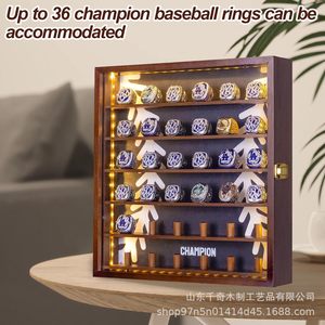 Wooden Baseball Ring <b>Display</b> Box Solid Wood <b>Wall</b> Mounted 6 Tier Shelf Storage <b>Case</b> For Sports Champion Rings - Product Image 2