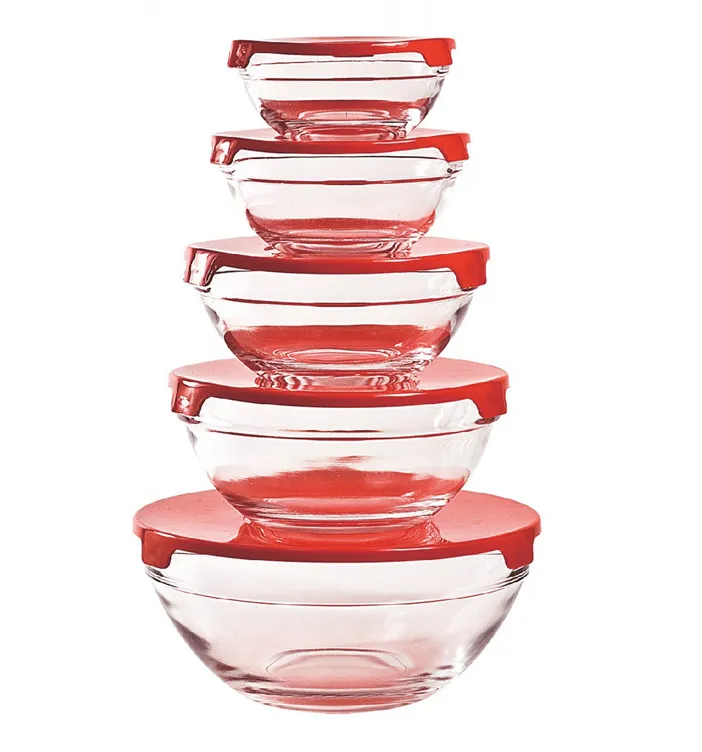 Takeaway Eco-Friendly Noodle Soup Salad Glass Food Bowls with Plastic lid Disposable Redcherry 808 Outdoor 5pcs mixing bowl set
