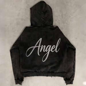 Sudaderas con Capucha para Hombre, Estilo Urbano, de Alta Calidad, con Estampado Gráfico de Diamantes de Imitación, Borde Desgastado, Lavado Ácido Vintage Personalizado - Product Image 2