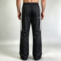 Pantalon noir surdimensionné à jambe droite personnalisé, streetwear, 100% nylon, imperméable, avec cordon de serrage, logo brodé, pantalon rayé blanc