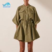 Personnalisé automne été nouveau style lin ballon manches couleur pure à lacets décontracté Mini dames robe pour les femmes