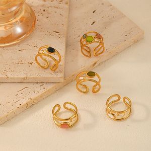 แหวนเปิดรูปทรงเรขาคณิตสำหรับผู้หญิง ชุบทอง 18K สแตนเลสสตีล ประดับขอบแบบ Bezel ของขวัญเครื่องประดับ - Product Image 1