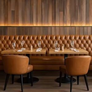 Juego de Mesa y Sillas de Madera con Asientos Tapizados en Cuero Marrón, Estilo Retro de Lujo para Restaurante Comercial, Cafetería o Buffet - Product Image 2