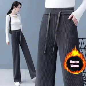 Pantalon large en velours côtelé pour femme, doublure en laine épaisse, écologique, respirant, taille haute, cordon de serrage, pantalon décontracté - Product Image 5