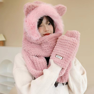Chapeau d'hiver à oreilles de chat de 230cm, chapeau animal en peluche 3 en 1 avec mitaines et écharpe, capuche en fausse fourrure pour enfants adultes - Product Image 2