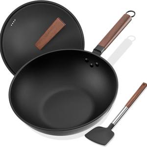 Wok japonais en fer pur 32 cm sans revêtement compatible induction avec manche et couvercle en bois - Product Image 1