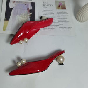 Eleganti Mules in Pelle Rosse con Tacco a Spillo e Punta Affusolata, Misura Grande 43, con Perle, Sandali e Scarpe con Tacco Alto da Donna - Product Image 3