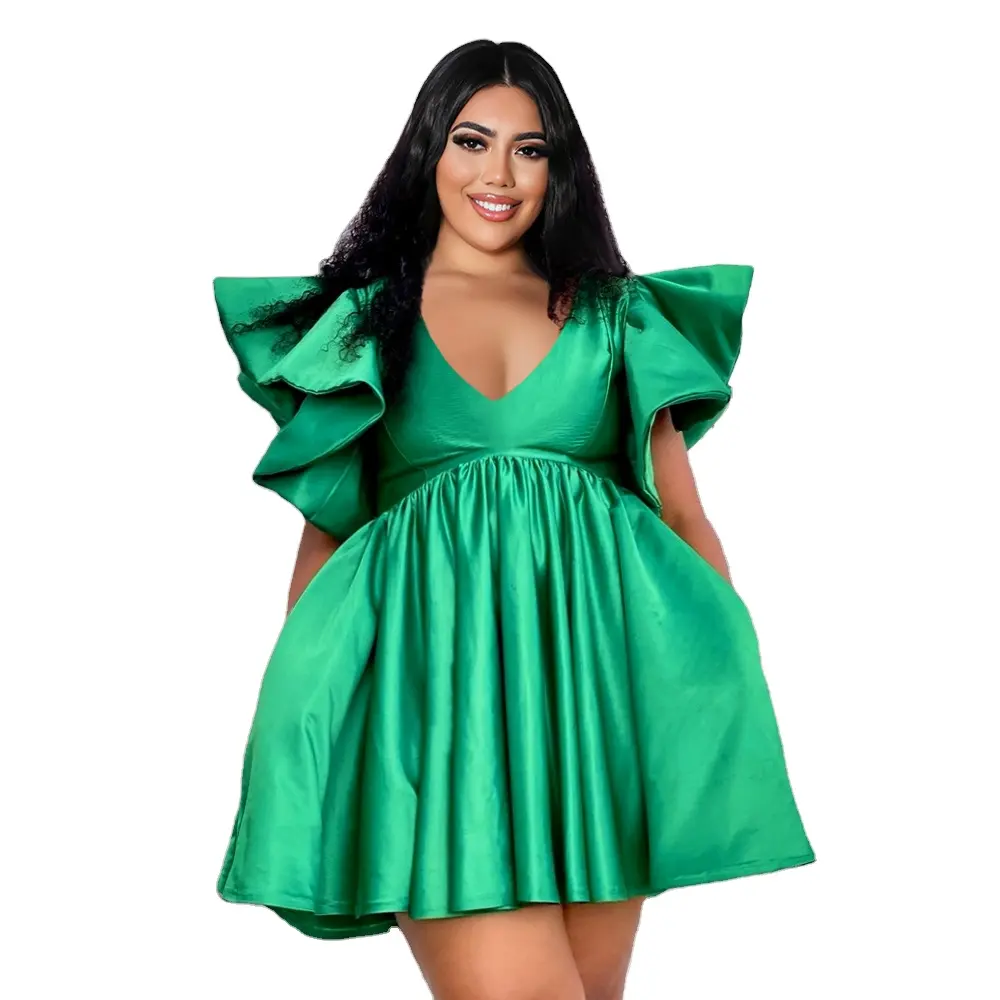 2022 Summer Cute Women High Waist Mini Dress Green Fluffy Short Sleeve Party Prom Dresses