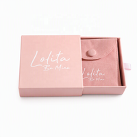 Boîte à bijoux rose de luxe avec logo personnalisé imprimé, pochette en microfibre assortie, fermeture à bouton, boîte cadeau avec tiroir