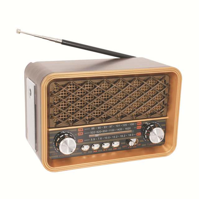 Retro Wood Grain Multi Band Portable Radio with Handheld Strap MP3 Playback and USB TF Card Slot for Home and Outdoor Use