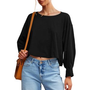 Haut court à manches longues pour femme, coupe ample, col rond, style décontracté, idéal pour le yoga - Product Image 1