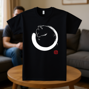 T-shirt noir Purrfect Circle avec motif de chat et caractères japonais pour hommes, femmes, vêtements unisexes - Product Image 3