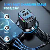3 in 1 Pengisi Daya Mobil Baru 65W Layar LED PD USB-C 3.1A Kabel Pengisian Cepat untuk iPhone Micro Type-C Ponsel Android Output 35W 65W