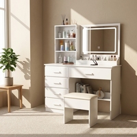 Coiffeuse en bois avec miroir LED, table de maquillage avec tiroirs, tabouret et étagères de rangement pour chambre à coucher