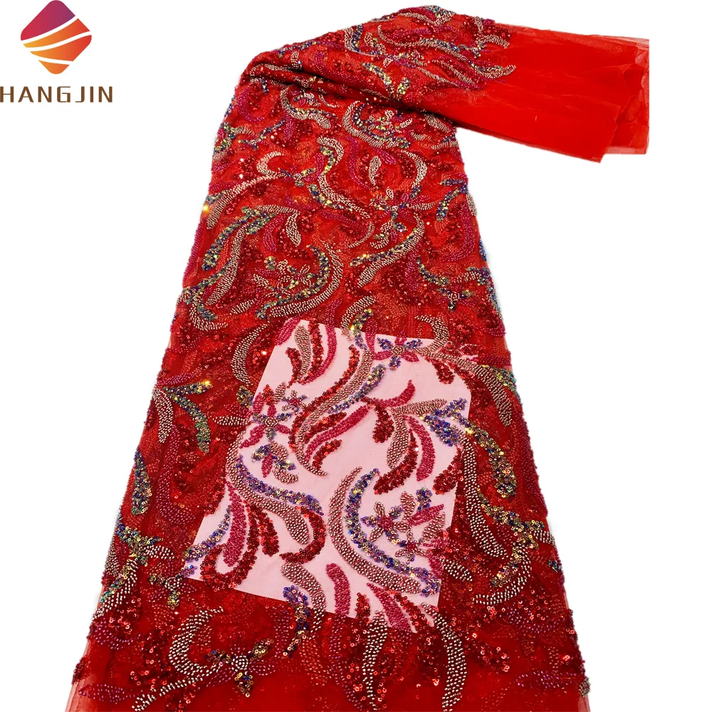 Tela de encaje nupcial rojo, encaje de tul, bordado 3D hecho a mano, tela de encaje con cuentas de lentejuelas para vestidos de fiesta de boda