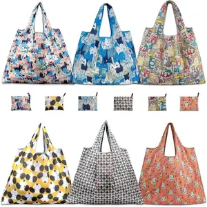 Grocery Shopping Bags Folding Heavy Duty Expandable Folding Tote Bag Large Reusable 190T Polyester Foldable Grocery Shopping Bag