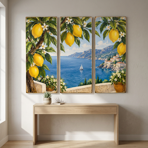Triptyque mural Amalfi en bois de manguier bleu et blanc peint à la main |   Décoration d'intérieur méditerranéenne de style traditionnel 90x60cm, vente en gros - Product Image 2