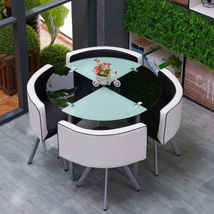 Ensemble de mobilier de restaurant moderne et minimaliste en verre trempé avec structure métallique, table commerciale 4 places pour salons de thé et bureaux - Product Image 3