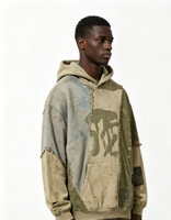 Sweat à capuche patchwork effet vieilli Dirty Spray, tissu épais, effet lavage vintage, personnalisation DTG Kornit, fabricant OEM
