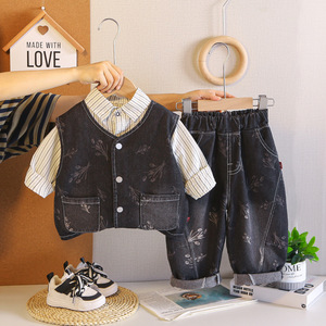 <span class=keywords><strong>Ensemble</strong></span> de veste en jean <span class=keywords><strong>3</strong></span> pièces pour bébé garçon, automne, chemise rayée tendance, jean imprimé pour enfants de 1 an - Product Image 3