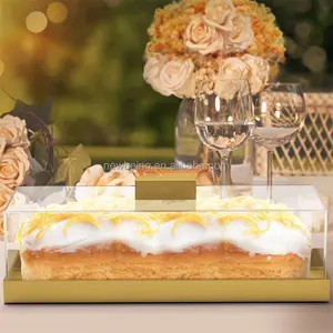 Exhibición de almacenamiento cuadrada personalizada de alta calidad de fábrica, bandeja dorada para fiesta, boda, pastel acrílico, bandeja de comida con tapa