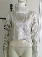 Pull en maille torsadée épaisse et lourde pour femme, automne-hiver 2022, couleur argentée, ample, luxueux, col roulé court