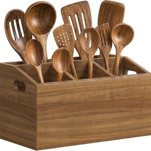 Boîte de rangement pour couverts en bois avec compartiments, organisateur d'ustensiles de cuisine, support de vaisselle de table, couleur unie marron - Product Image 1