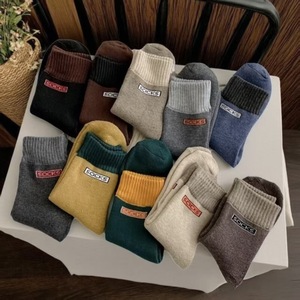 Letter Terry Crew Socks Women Autumn Winter Warm Thickened Fleece Lined Odor Resistant Color Block Design - Product Image 1