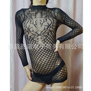 Body de mujer sexy con aberturas, manga larga, negro, transparente, lencería moldeadora, de una pieza, a la moda - Product Image 2