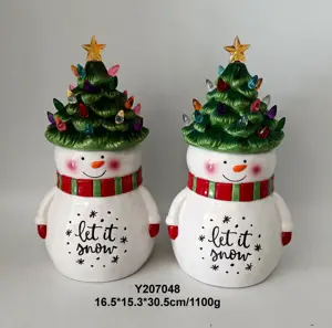 LED iluminado feriado árvore cerâmica boneco neve cookie jar