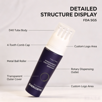 Tube cosmétique souple D40 avec applicateur rotatif à 4 dents et bille métallique pour massage du cuir chevelu et du cou