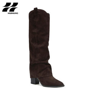 <span class=keywords><strong>Botas</strong></span> occidentales de gamuza marrón hasta la rodilla con punta en pico para <span class=keywords><strong>mujer</strong></span>, tacón grueso, moda Otoño Invierno, aumento de altura, plataforma cómoda - Product Image 1