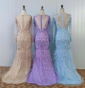Gaun malam bulu mewah ungu Dubai untuk wanita gaun pesta <span class=keywords><strong>Prom</strong></span> putri duyung lengan panjang elegan pernikahan Scz209-1 - Product Image 3